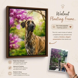The image is a collage of two photos featuring a large brown dog standing in a garden with pink flowers. The collage includes a close-up of the dog and a side view of the garden. The collage is framed in a floating frame, and the text highlights the unique features of the frame, such as its rich warm tones and the natural finish that enhances the walnut color. The collage is ready to hang and is professionally crafted, making it an elegant and stylish presentation.