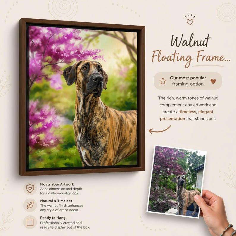 The image is a collage of two photos featuring a large brown dog standing in a garden with pink flowers. The collage includes a close-up of the dog and a side view of the garden. The collage is framed in a floating frame, and the text highlights the unique features of the frame, such as its rich warm tones and the natural finish that enhances the walnut color. The collage is ready to hang and is professionally crafted, making it an elegant and stylish presentation.