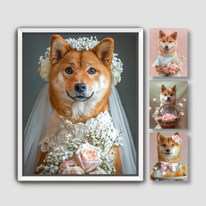 Custom Shiba Inu Portrait from Photo | Shiba Inu Dog Dressed in a Wedding Gown, Flower Girl, Engagement Gift, Digital File or Canvas A027B