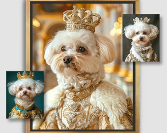 Custom Costume Portrait from Photo | Bichon Frisé King Dog Pet in Rococo Outfit, Occupation, Funny Gift, Digital File or Canvas Print A011A