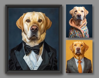 Custom Costume Portrait from Photo | Yellow Lab Dog Dressed in Business Suit, Bow Attire, Funny Gift, Digital File or Canvas Print C002C