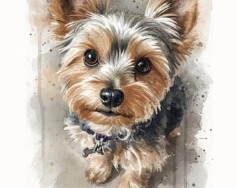 Custom Dog Portrait, Yorkie Terrier Watercolor Painting from Photo, Digital Art Splatter, Commissioned Artwork, Paper Print or Frame & Mat