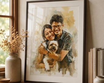 Custom Watercolor Couple Portrait, Personalized Family & Pet Painting, Artistic Splatter Style Wall Art, Romantic Anniversary Gift