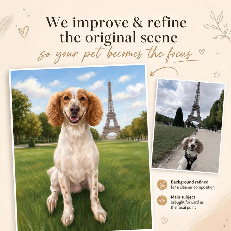 The image is a collage featuring a happy dog sitting in a grassy field with the Eiffel Tower in the background. The background has been refined to create a more focused and visually appealing composition for the dog.