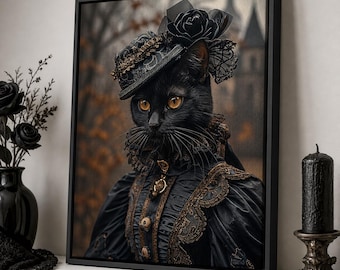 May include: A framed portrait of a black cat wearing a Victorian-era dress and hat. The cat has yellow eyes and is set against a blurred outdoor background. The cat's attire is black with gold accents.