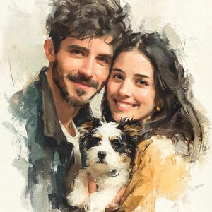 May include: A digital watercolor portrait of a couple and their small dog. The couple is smiling, and the dog is held in their arms. The artwork has a soft, painterly style with muted colors and visible brushstrokes, creating a warm and intimate feel.