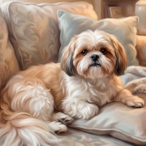 May include: A detailed painting of a Shih Tzu dog resting on a patterned pillow and a floral-patterned sofa. The dog has a light brown and white coat with dark eyes and a black nose. The background is softly blurred with neutral tones.