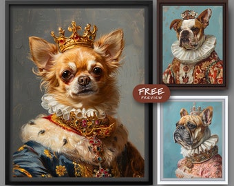 Custom Regal Portrait from Photo | King Dog, Cat, Royal Pet Painting in any Costume, Renaissance Period, Canvas Poster Print Framed 0010E