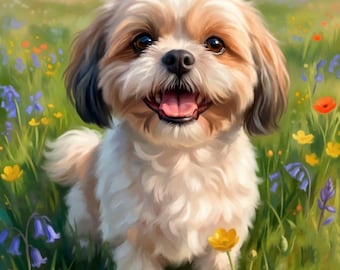 Happy Dog Portrait from Photo, Custom Shih Tzu Artwork in Digital Oil or Acrylic Painting Style, Canvas Wall Art