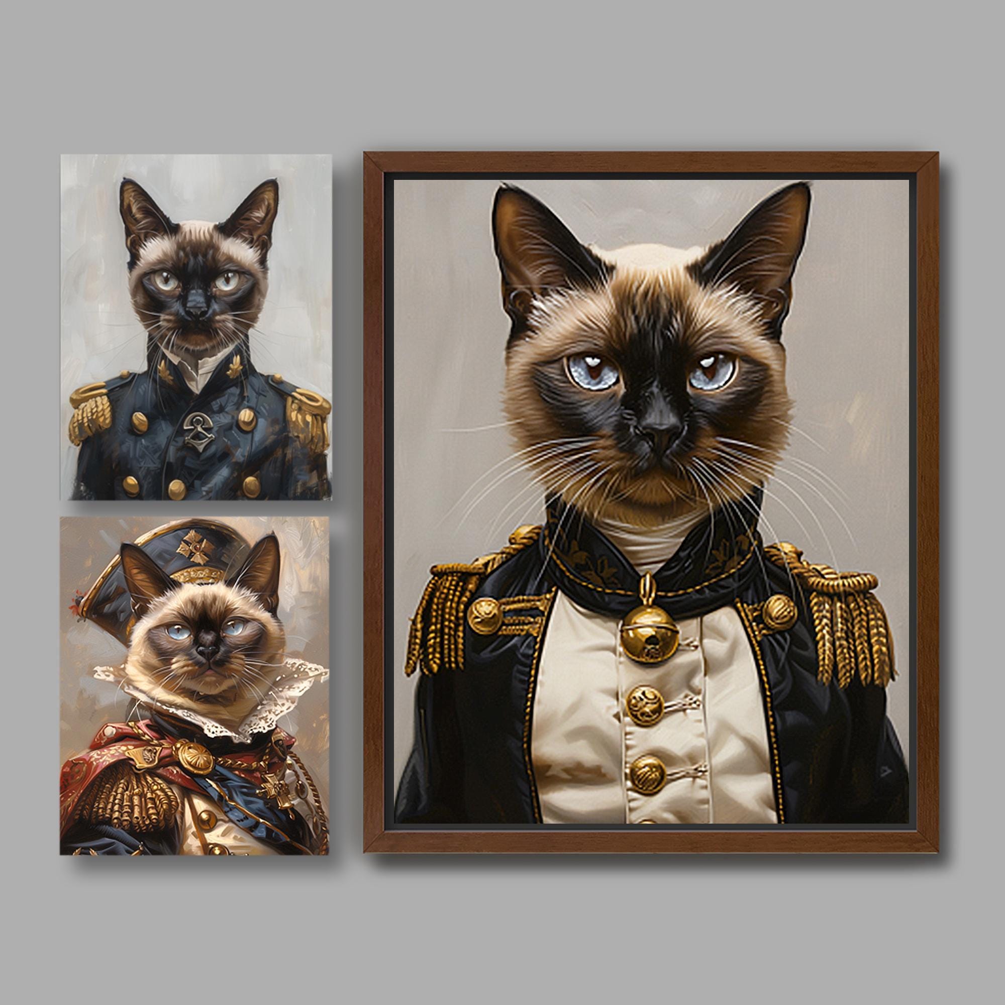 Custom Cat Portrait from Photo | Siamese Cat in Victorian Military Outfit, Fashion Cats Felines, Digital File or Canvas Print A022C
