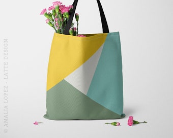 Geometric tote bag. Yellow and blue shopper bag, re-usable and environmentally friendly. geometric bag teal tote bag geometric canvas tote