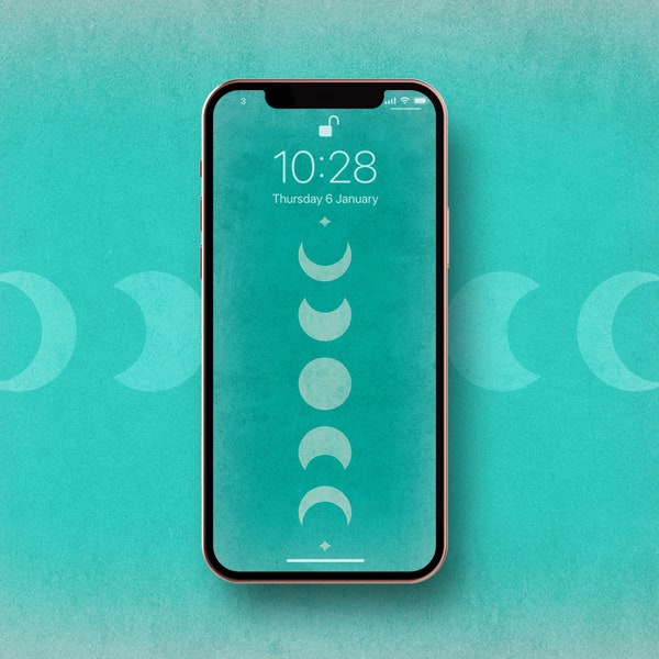 2 turquoise moon phases iPhone wallpapers. Teal moon phases phone wallpaper. Turquoise boho wallpaper. Teal Boho screensaver. Moon phone