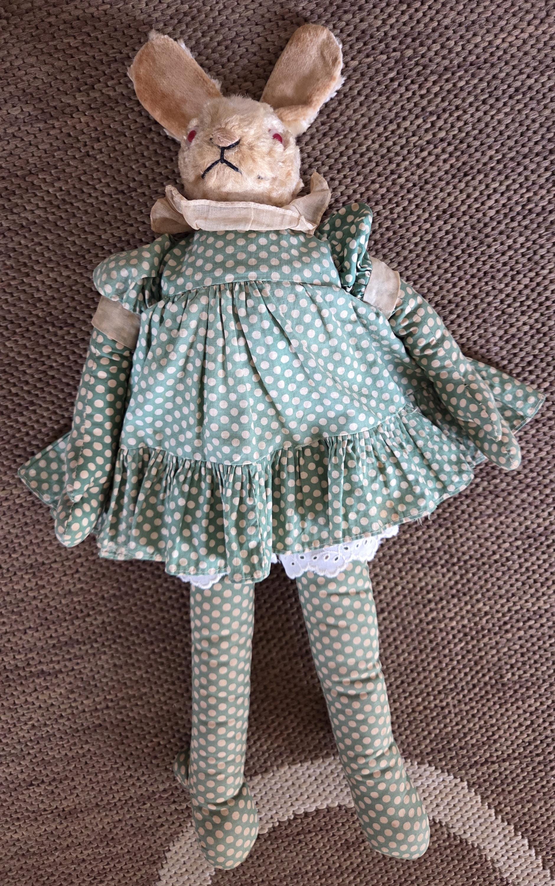 Vintage 40s Plush Easter Bunny Rabbit Girl Cloth Rag Doll W Green Dots ...