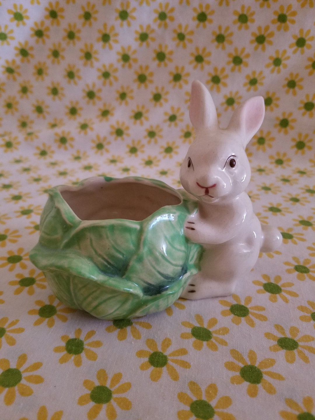Cute Vintage Shiny Ceramic White Bunny Rabbit Big Brown Eyes W Lettuce ...