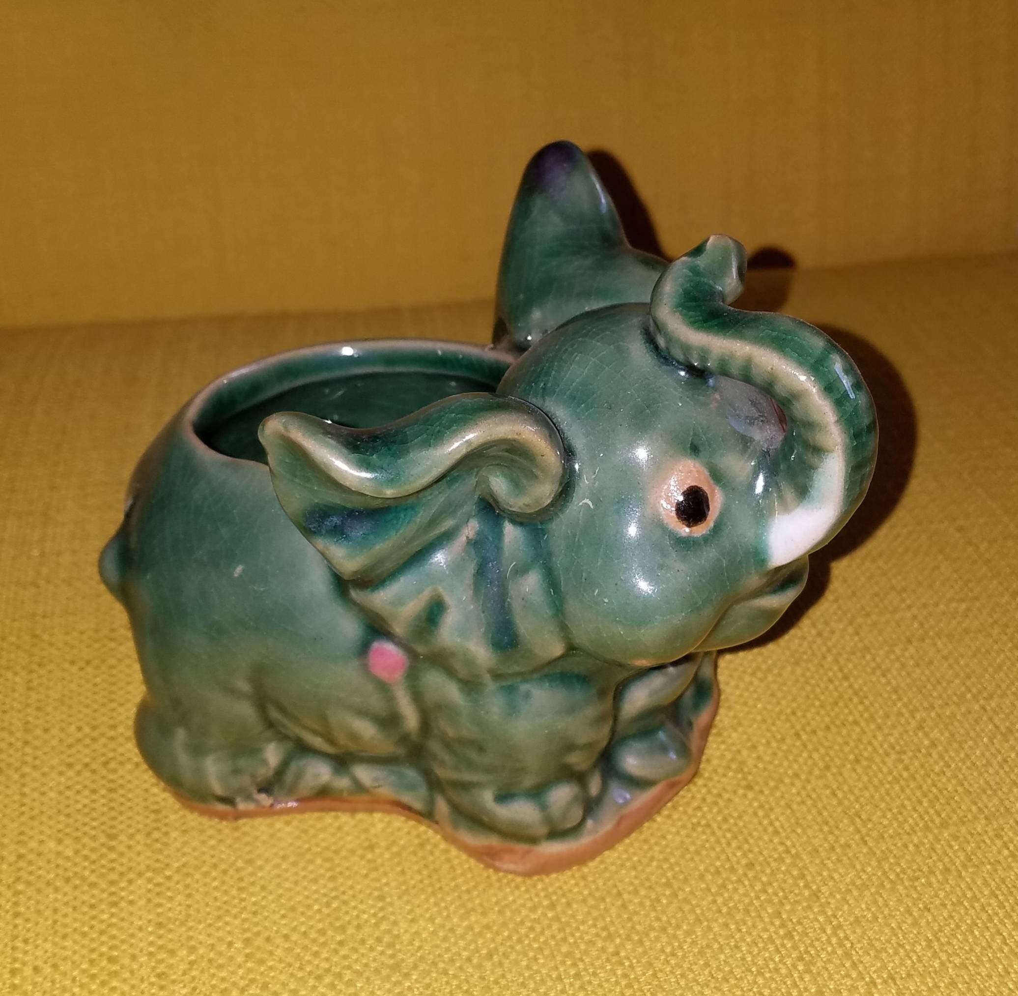 Cute Little Vintage Heavy Ceramic Pottery Green Shiny Elephant Animal Planter Figurine