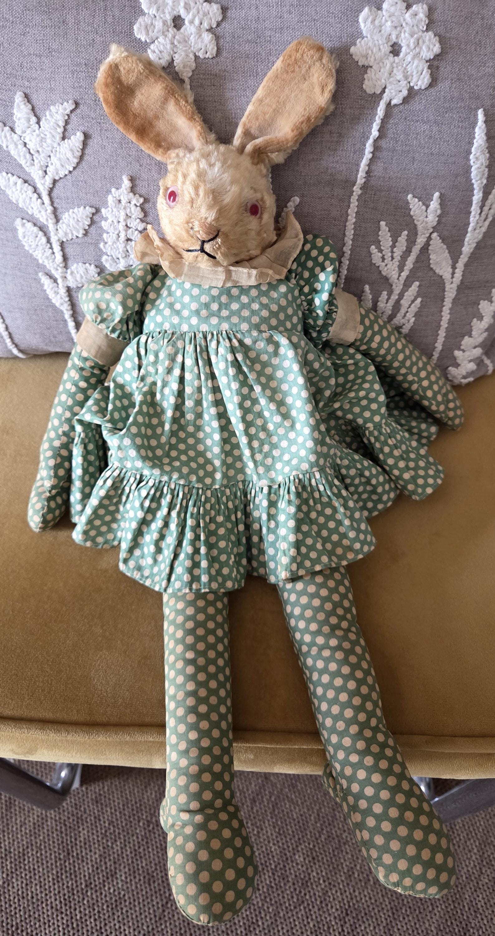 Vintage 40s Plush Easter Bunny Rabbit Girl Cloth Rag Doll W Green Dots ...