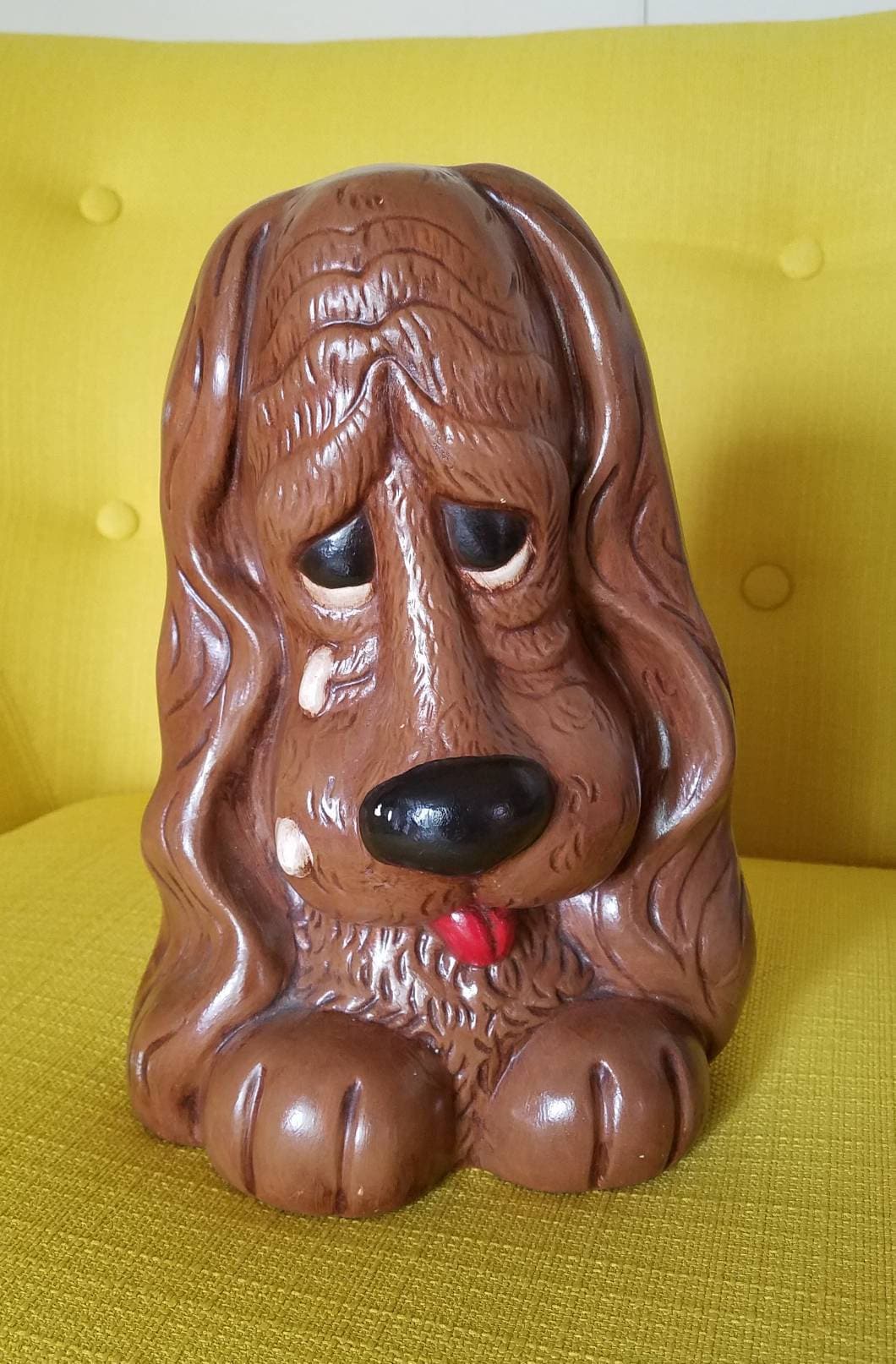 Adorable Vintage 1970s Large Ceramic Sad Crying Brown Puppy Dog W