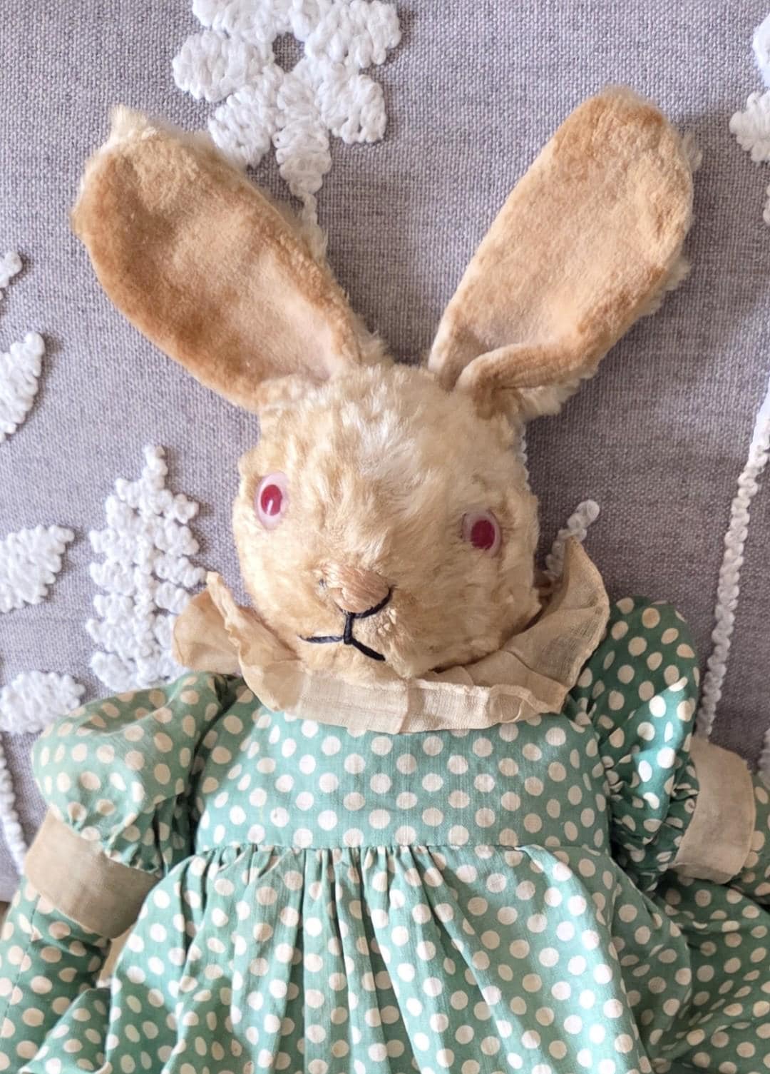 Vintage 40s Plush Easter Bunny Rabbit Girl Cloth Rag Doll W Green Dots ...
