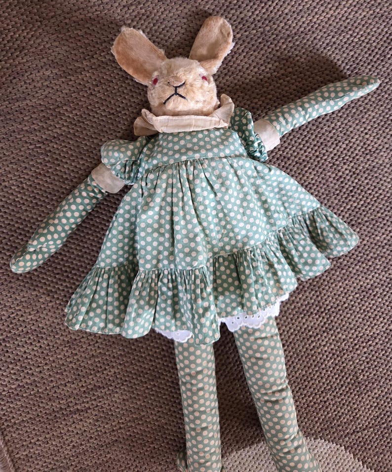 Vintage 40s Plush Easter Bunny Rabbit Girl Cloth Rag Doll W Green Dots ...