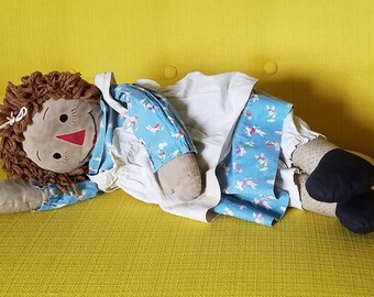 Lovely ! OLD Homemade Cloth 20&quot; Raggedy Ann Rag Doll w Stitched Face Appliquéd Nose Bunny Rabbits Blue Dress Apron Panties Outfit Clothes