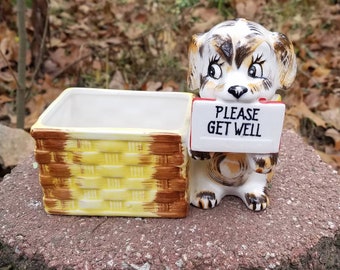 Cute Vintage 1954 1956 Napco Shiny Ceramic Brown Yellow Happy Dog Planter Pot Big Eyes Get Well Soon Decor Plants Flowers Pottery Japan