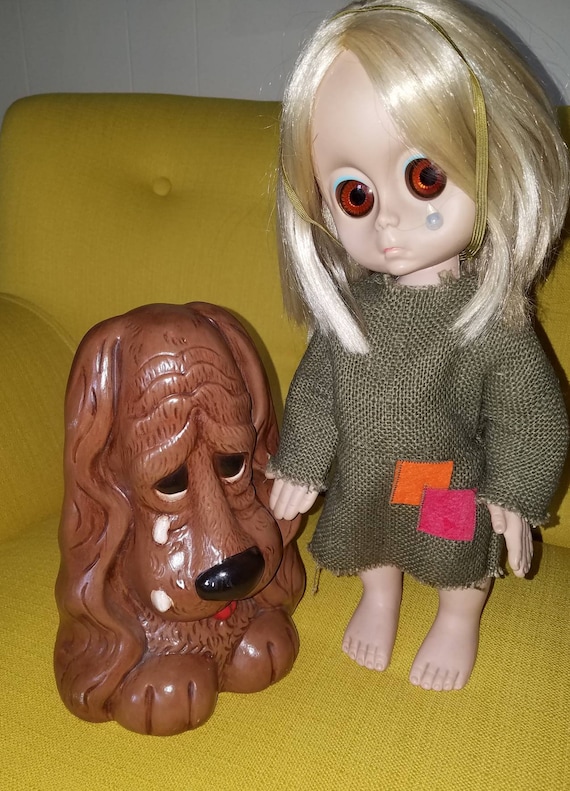 Adorable Vintage 1970s Large Ceramic Sad Crying Brown Puppy