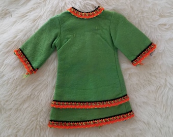 RARE Vintage French Poupee High Fashion Bella Doll Tagged Mod Green Felt Orange Yarn Cathie Swing Dress Outfit fits Crissy Hair Clothes