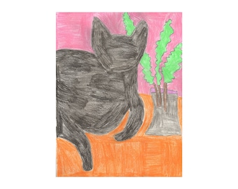 Black Cat Drawing, Colored Pencil Drawing, Cat and Plant, Wall Art