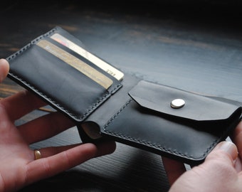 Handmade mini wallet for men. Black leather men wallet. Bifold wallet. Leather wallet. Unique wallet. Personalized gift. Personalized wallet