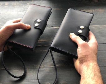 Cartera PERSONALIZADA. Clutch de piel con correa. Embrague de pulsera. Muñequera.iPhone Wallet Case.Leather iPhone case Wallet. Regalo personalizado