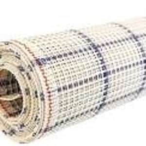 May include: A roll of white and blue checkered mesh ribbon. The ribbon is rolled up and has a natural, rustic look.