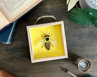 Papercut Yellow Bee | Entomology Art | Paper sculpture | Framed Wall Art | Paper Cut Insect | Entomology Without Death | Artificial Insect
