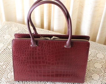 Leather Briefcase Croc Embossed 2 Handle Grab Embossed & Smooth Burgundy Leather Hermes Birkin-Inspired Modalu England 3 Section Interior