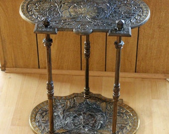 Brass Plant Stand: 2-Tier Side Table/Stand with Embossed Floral Design, Indoor or Outdoor