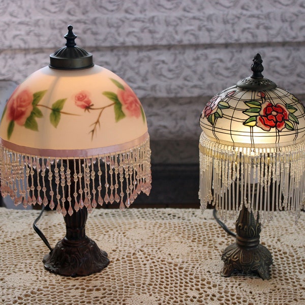 Victorian Boudoir Lamps Bead Fringe Lamps Ur Choice Beautiful Decorated Glass Shades One 14" H One 12" H In-Cord On/Off Excellent Vintage