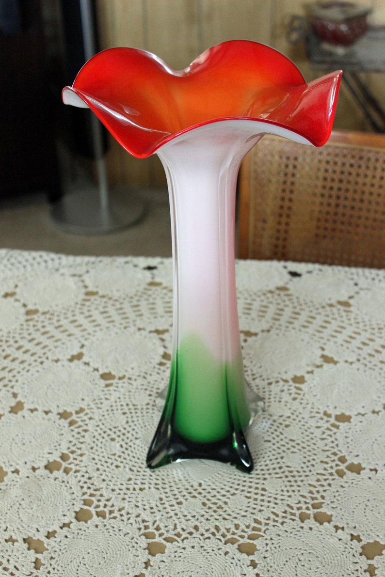 Murano Style Glass Tall Vase Vibrant Red Lily 5 Petal Flower Etsy