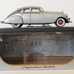 May include: A silver and green vintage car model with red and white wheels, displayed on a black base. The model is a 1:18 scale replica, presented in a box with the "Signature Models" logo.
