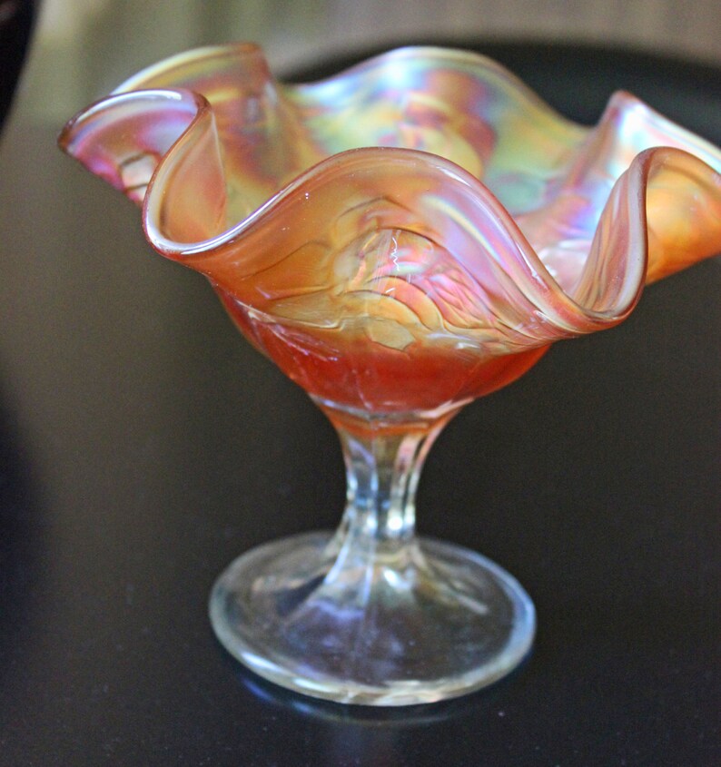 Carnival Glass Compote Art Glass Compote Iridescent Amber Teal Etsy
