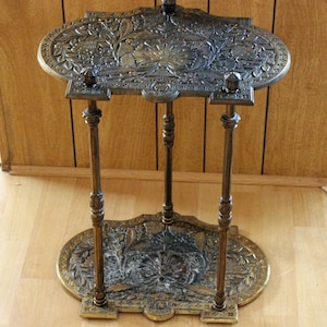 Brass Stand 2 Shelf 2 Tier Side Table Plant Stand Nice Patina Detailed Embossed Floral Design Shelfs Heavy Sturdy Brass Legs 20" Tall
