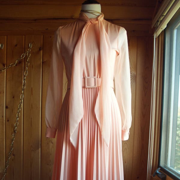 Vintage 70s Long Sleeve Pleated Peach Dress with Belt and Neck Wrap Scarf// Vintage 1970s Accordion Pleated Maxi Dress with Shear Sleeves