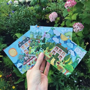 Ensemble de cartes postales Cottage / Cartes postales originales d’art graphique / Mini Art Cottage moderne