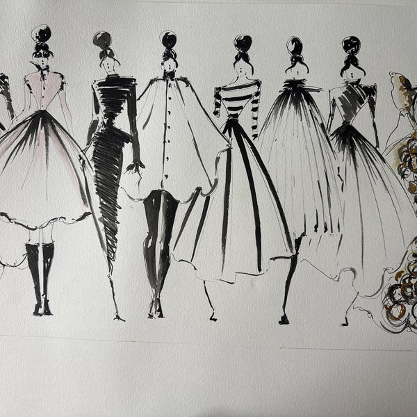 ORIGINAL • 12x22” • Custom Casual Gala Runway/Black and White Fashion Sketch/ Fashion Illustration Wall Art/ Fashion Art/Fashion Wall Art