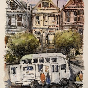 PRINT of Lady Falcon Coffee Club Truck with the Painted Ladies in San Francisco
