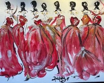 Original Red Gold Fashion Illustration: Gala Runway Sketch (9x12”)