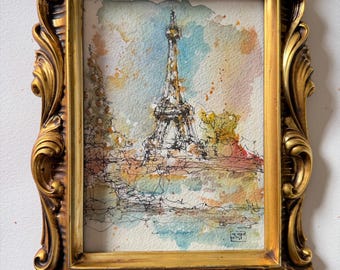 ORIGINAL 5x7” • View of Eiffel from Siene River • Watercolor Painting