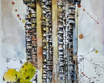 ORIGINAL 9x12” • Torres Blancas in Madrid, Spain• Layover• BTS • Watercolor Painting