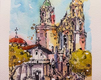 ORIGINAL 7.5x11” • Mission Dolores Basilica, San Francisco CA • Original Watercolor Painting