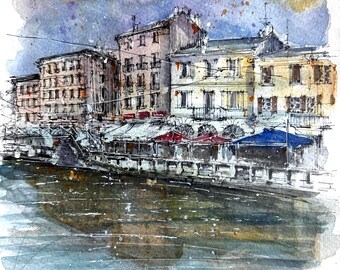 ORIGINAL 11x15” • Navigli District Milan Italy • Original Watercolor Painting