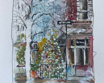 ORIGINAL 9x12”• Sant Ambroeu  New York City • Christmas Theme • Watercolor Painting