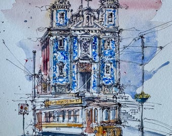 ORIGINAL 8.5x11” • San Ildefonso Church in Porto Portugal • Watercolor Painting